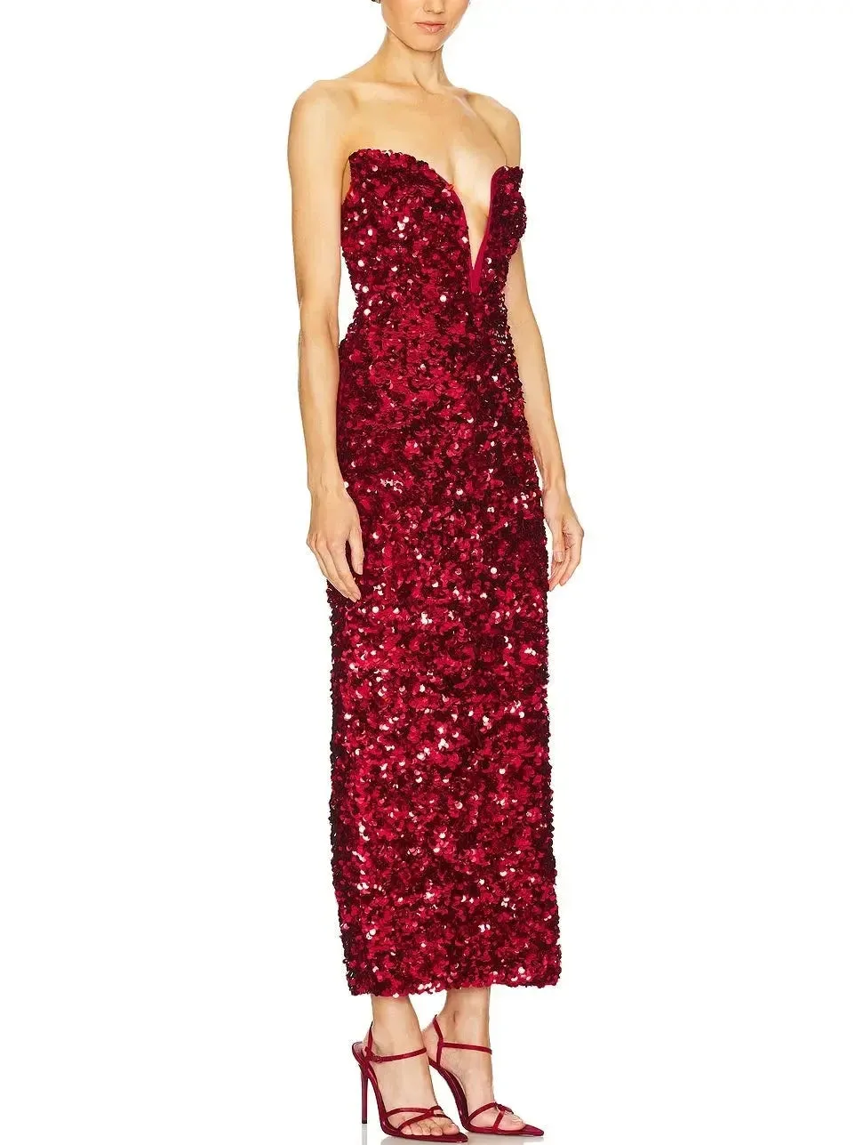 3D Long Red Strapless Sequin Dress