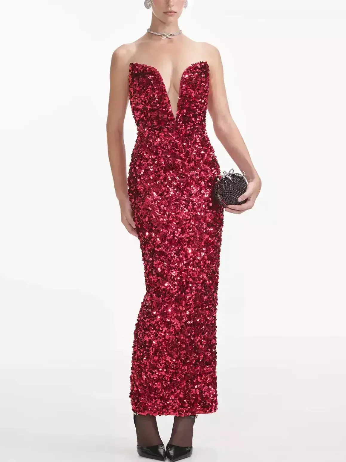 3D Long Red Strapless Sequin Dress