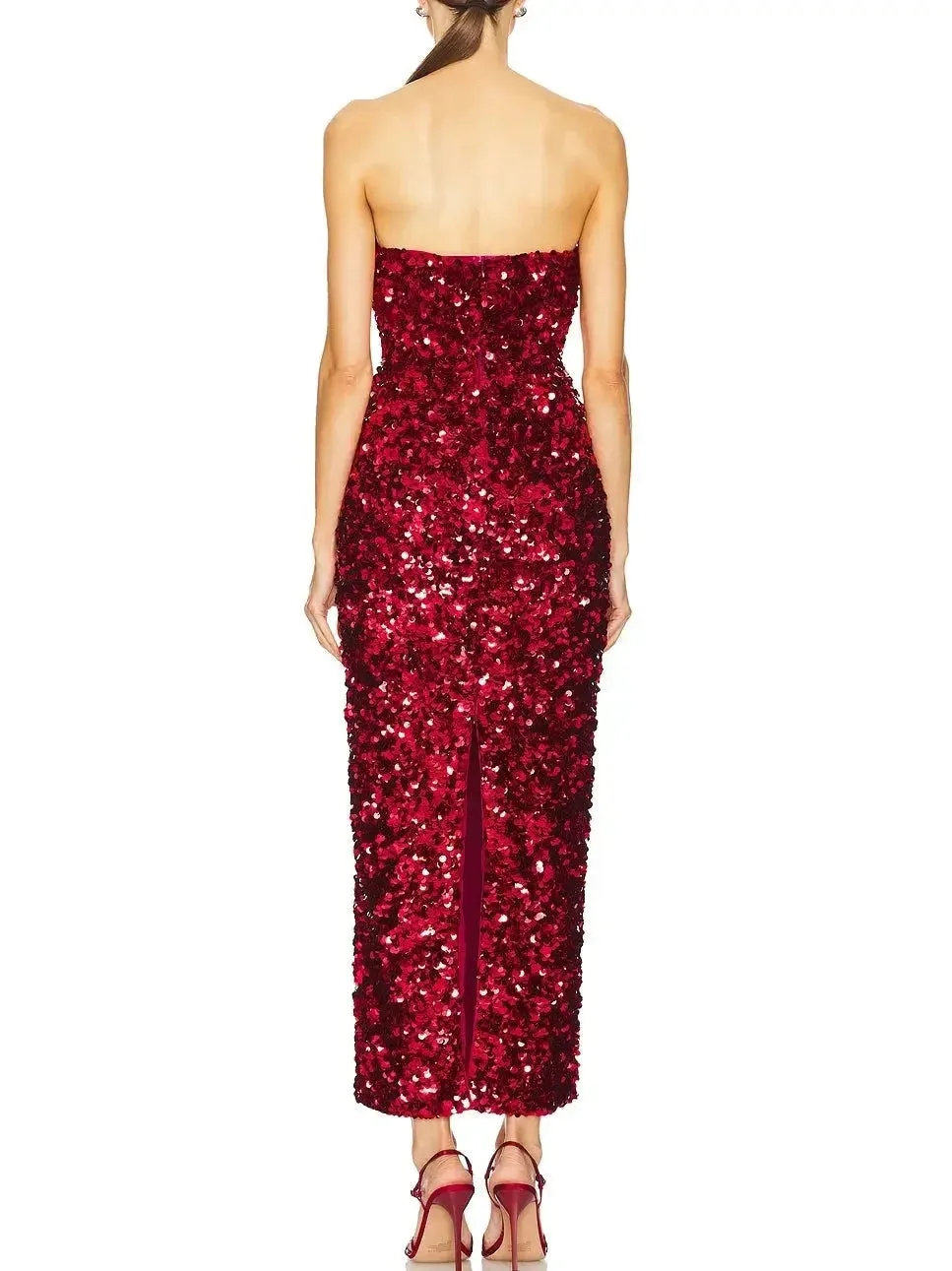 3D Long Red Strapless Sequin Dress