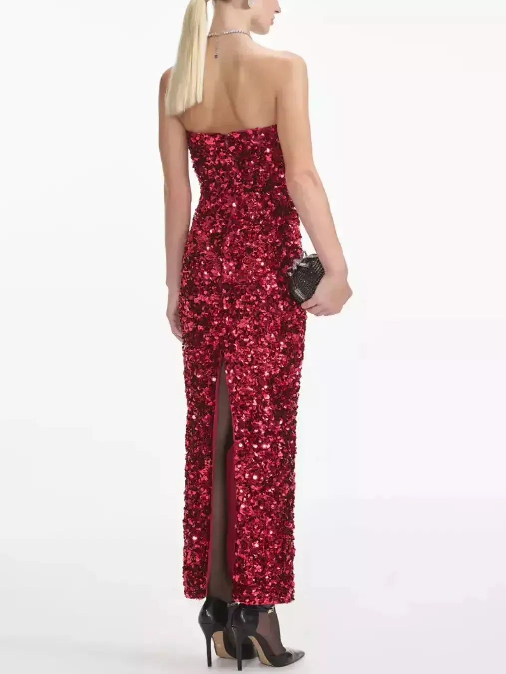 3D Long Red Strapless Sequin Dress