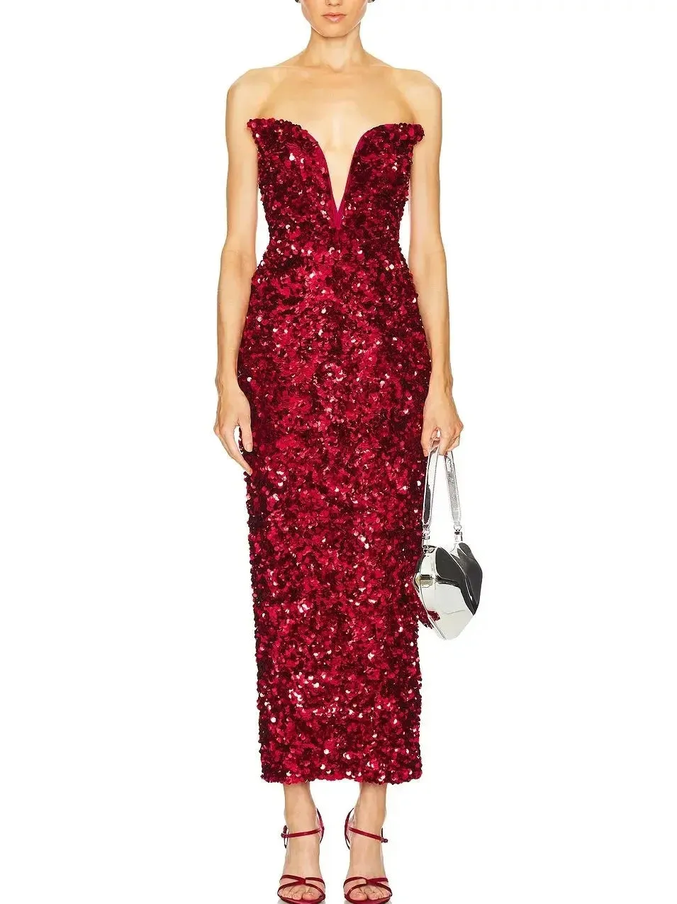 3D Long Red Strapless Sequin Dress