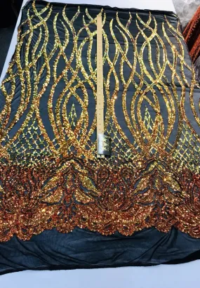 48"-50" iridescent phoenix flames sequin design on a 4 way stretch mesh-prom-nightgown-sold by the yard