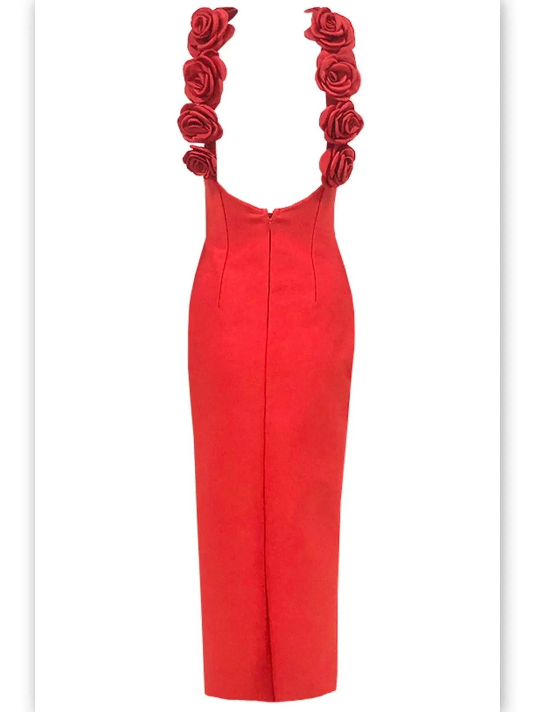 Backless Red Rose-Appliques Maxi Dress