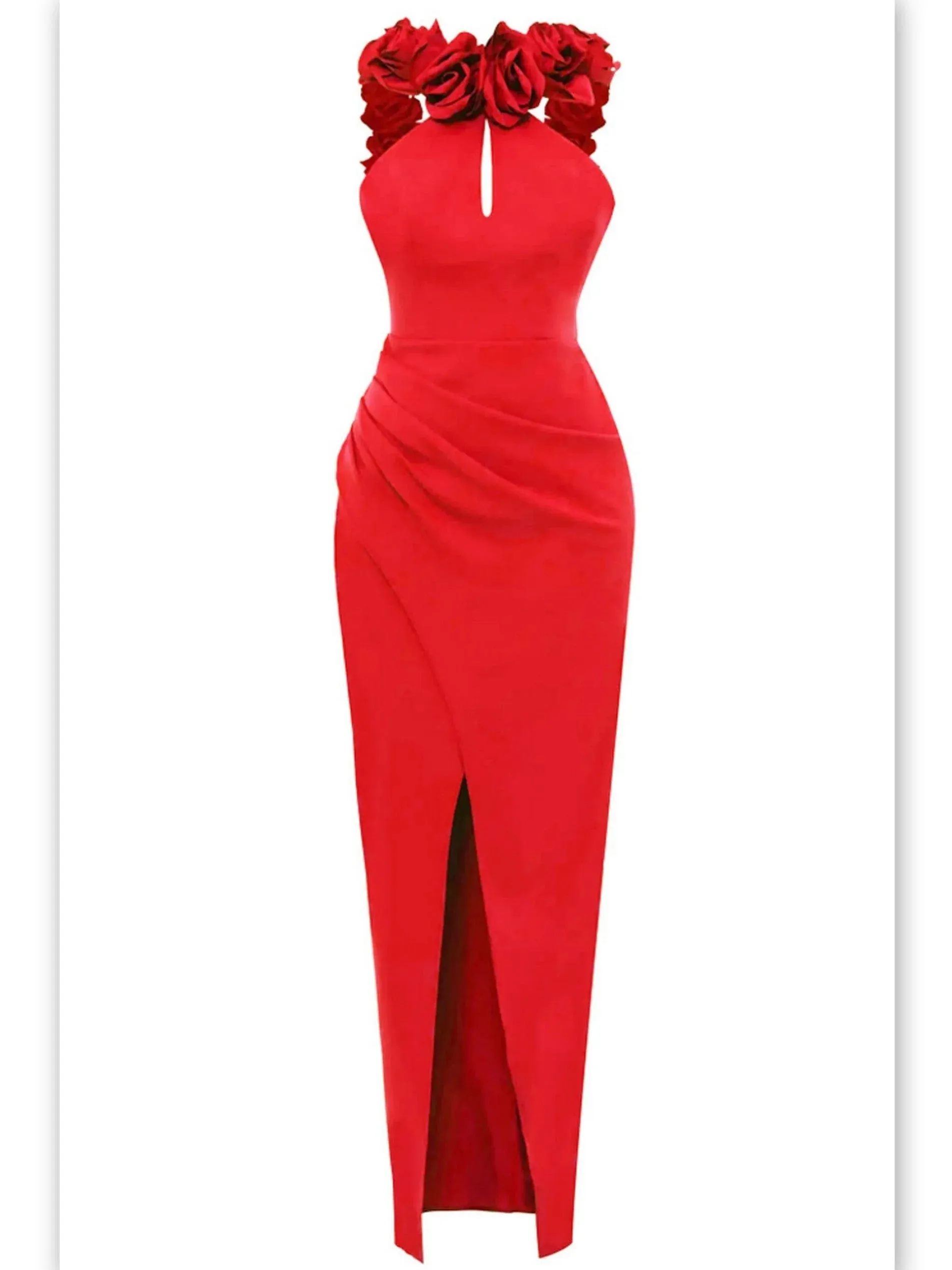 Backless Red Rose-Appliques Maxi Dress