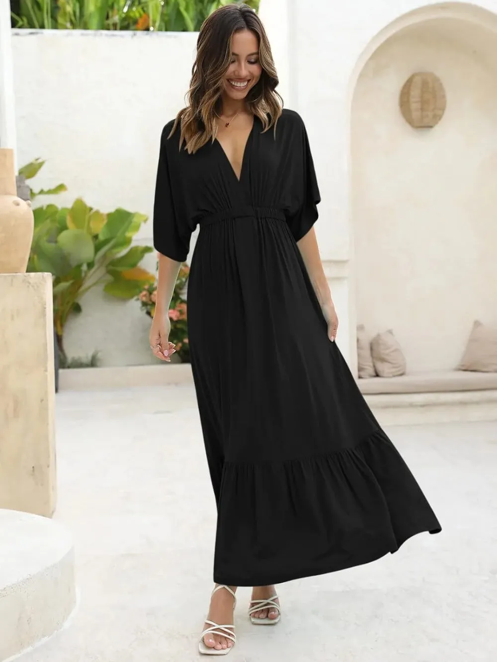 Batwing V Neck Short Sleeve Maxi Dress