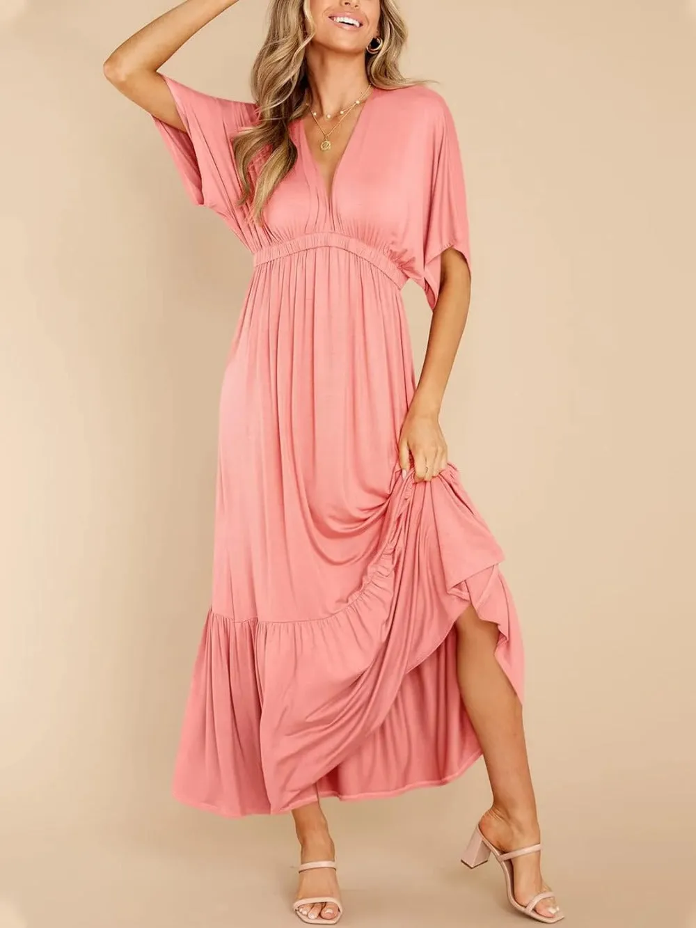 Batwing V Neck Short Sleeve Maxi Dress