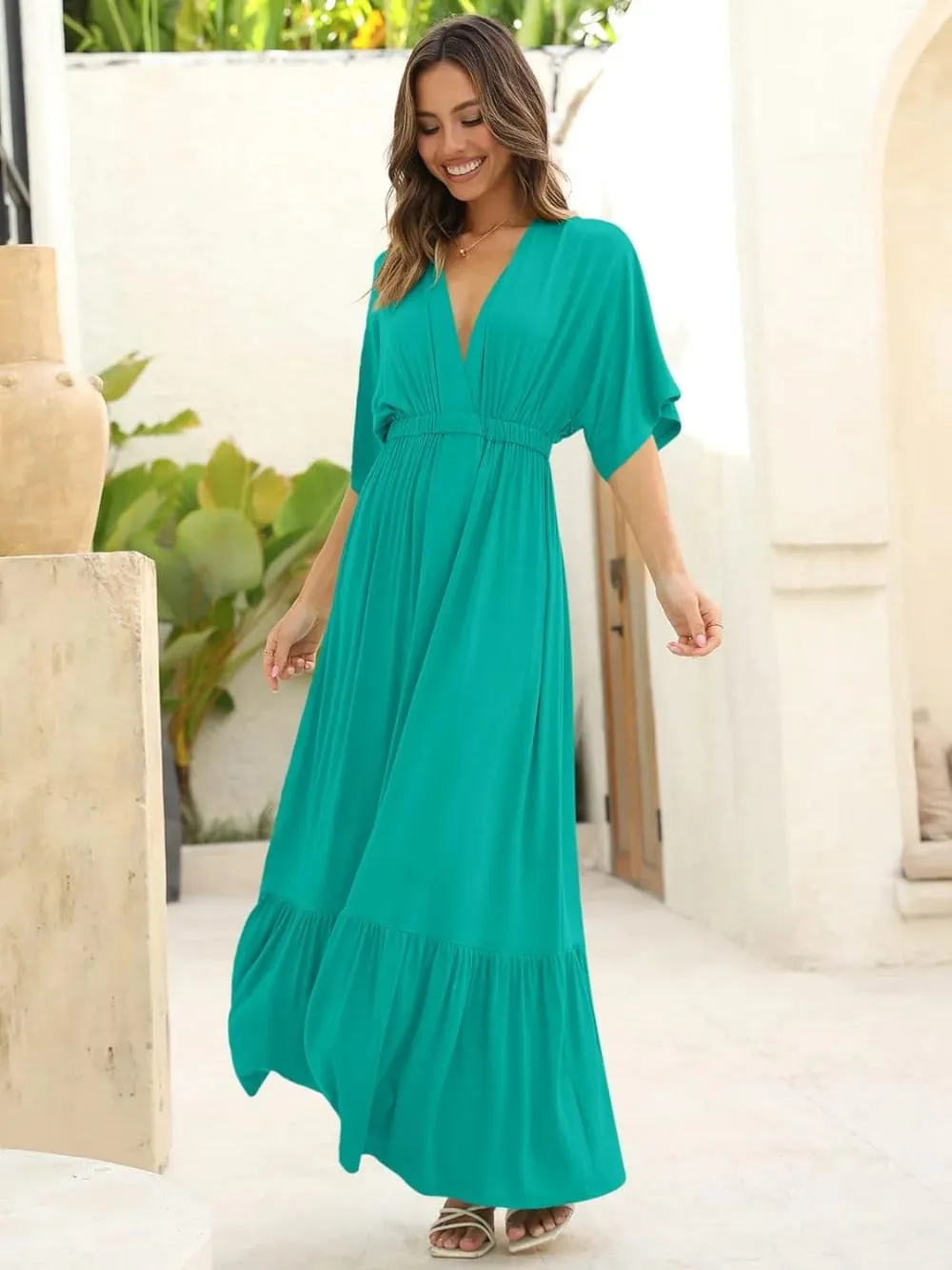 Batwing V Neck Short Sleeve Maxi Dress