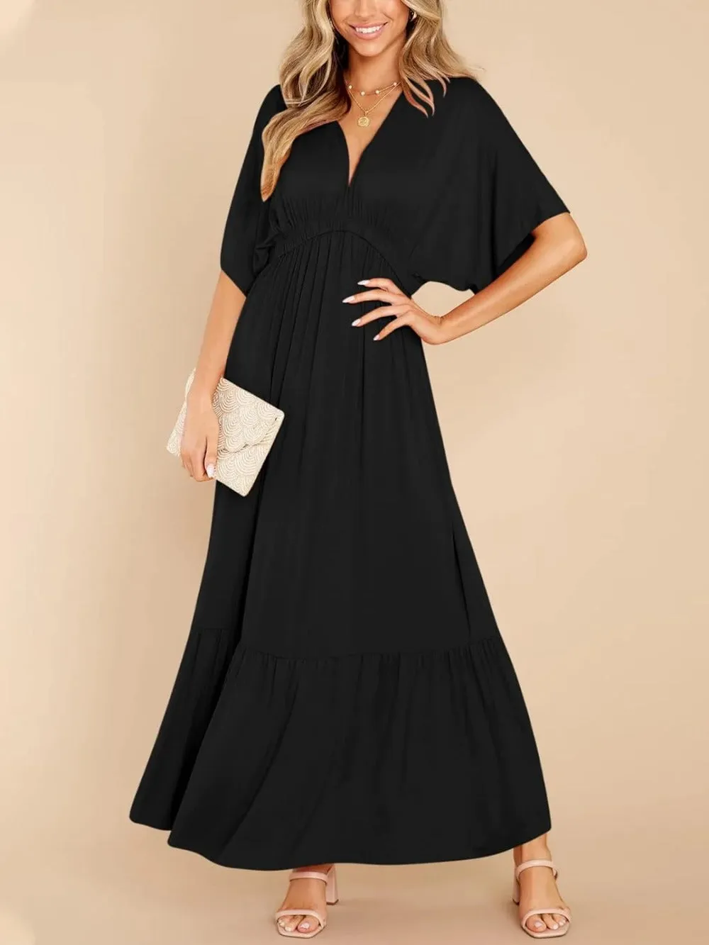 Batwing V Neck Short Sleeve Maxi Dress