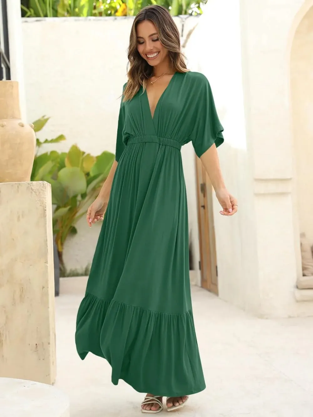 Batwing V Neck Short Sleeve Maxi Dress