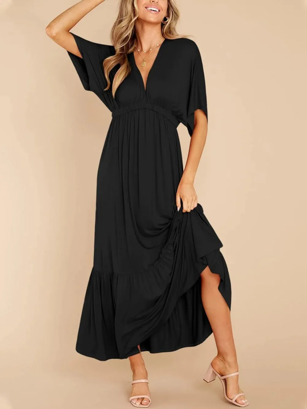 Batwing V Neck Short Sleeve Maxi Dress