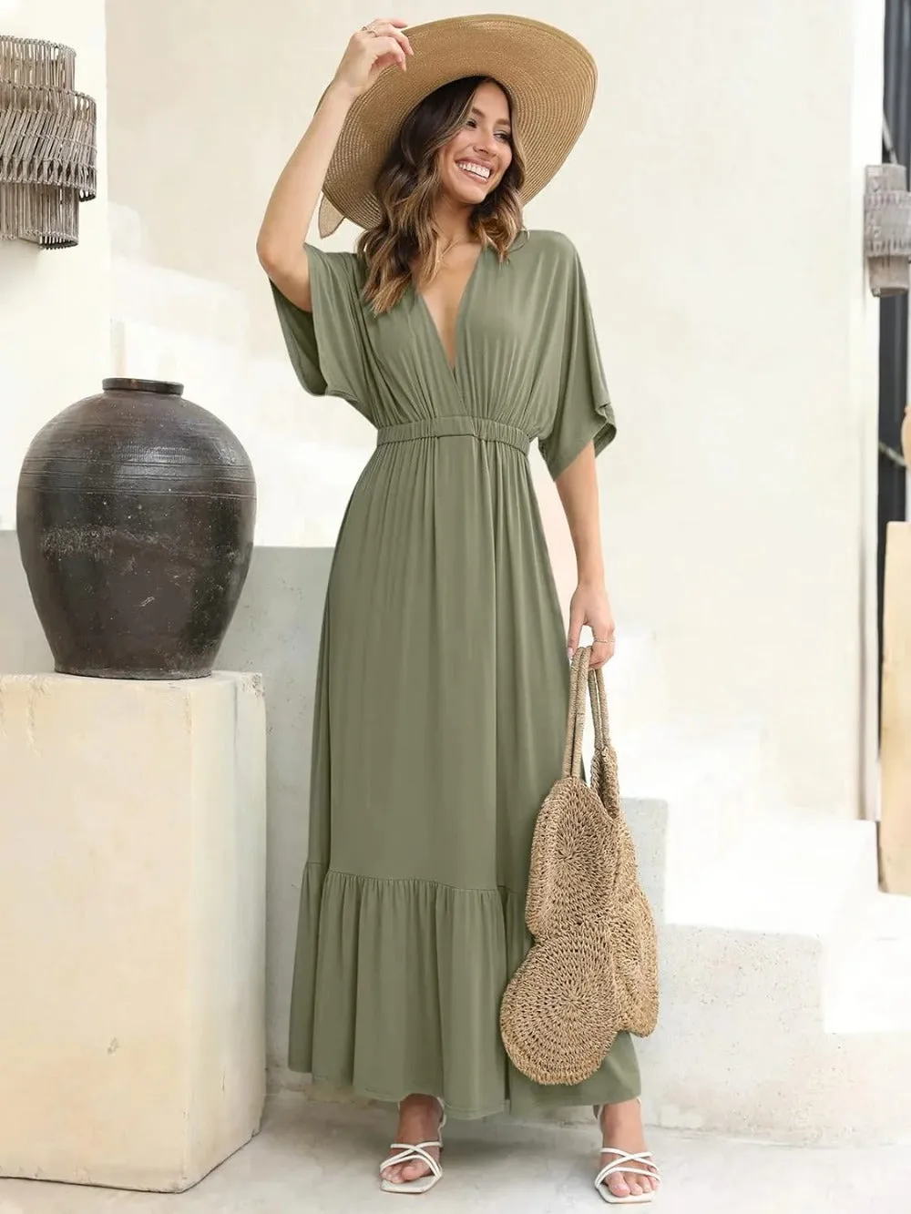 Batwing V Neck Short Sleeve Maxi Dress