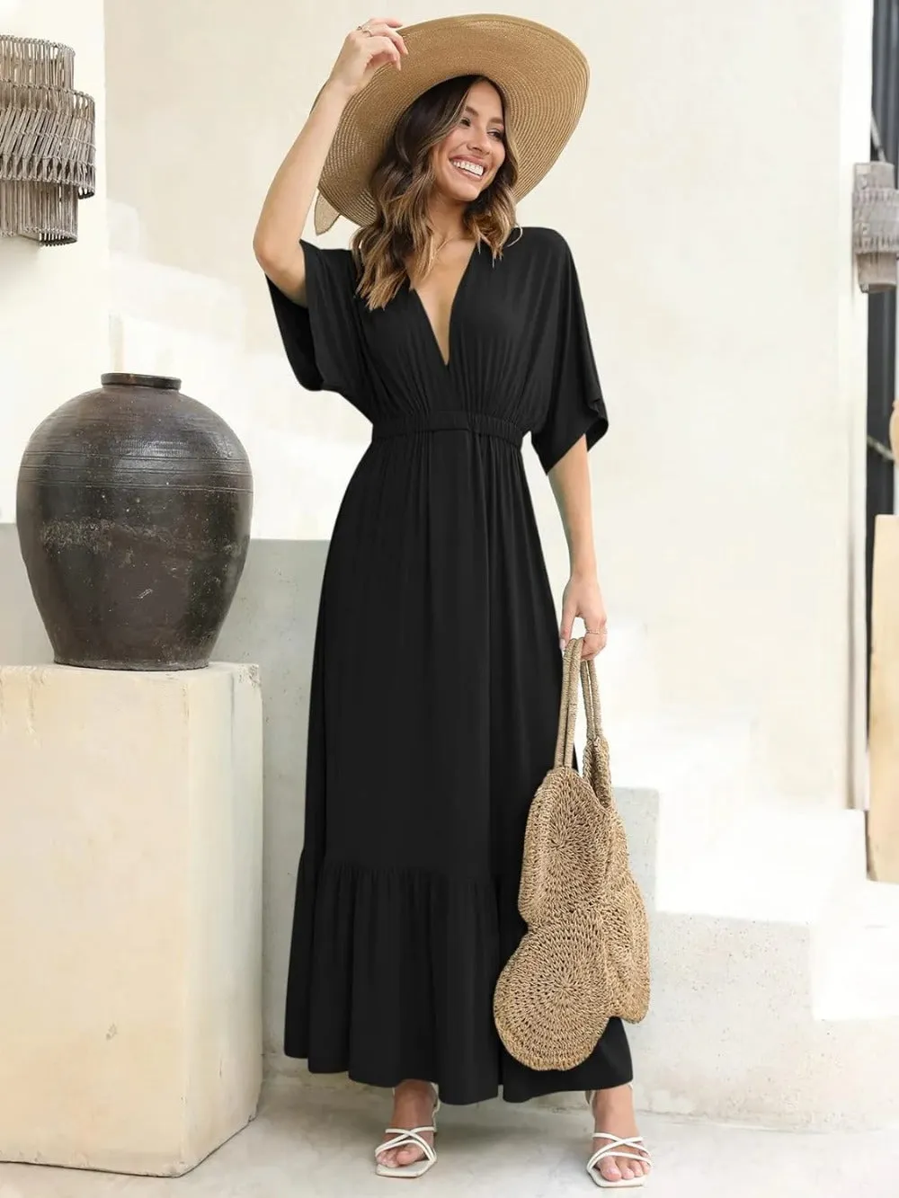 Batwing V Neck Short Sleeve Maxi Dress