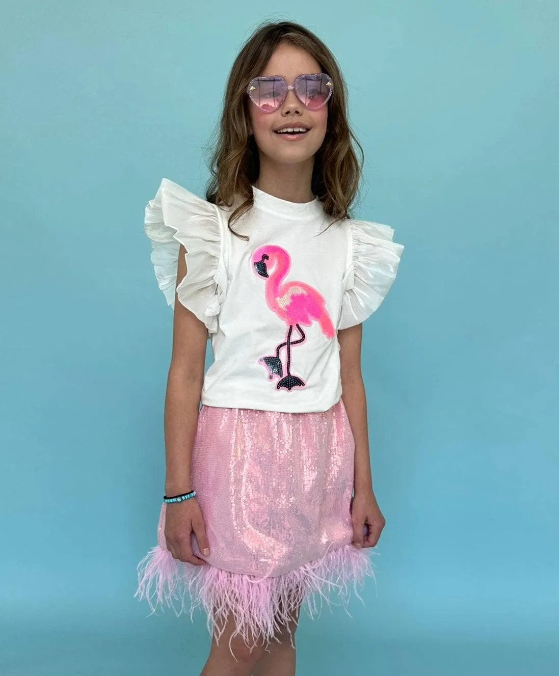 Beaded Flamingo Ruffle T-shirt