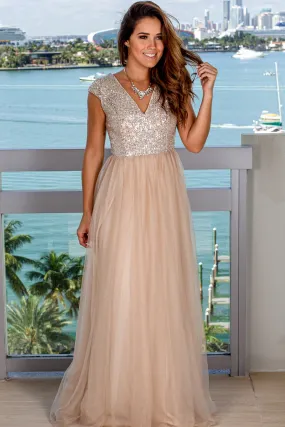 Beige Sequin Top Maxi Dress