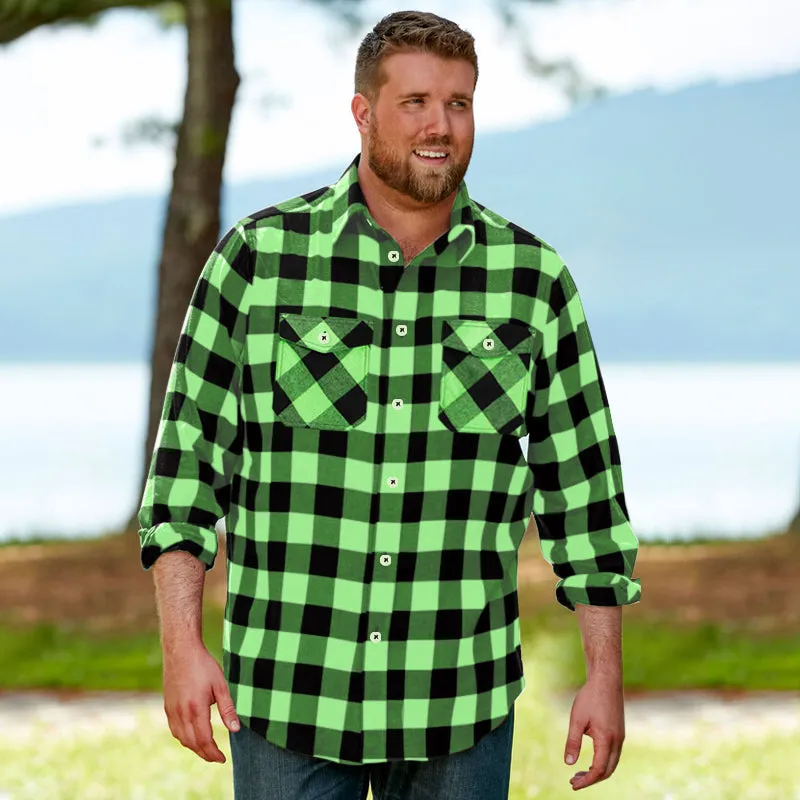 BIG & TALL Men's Button Down Long Sleeve Plaid Flannel Casual Shirts-Bright Green Black Plaid