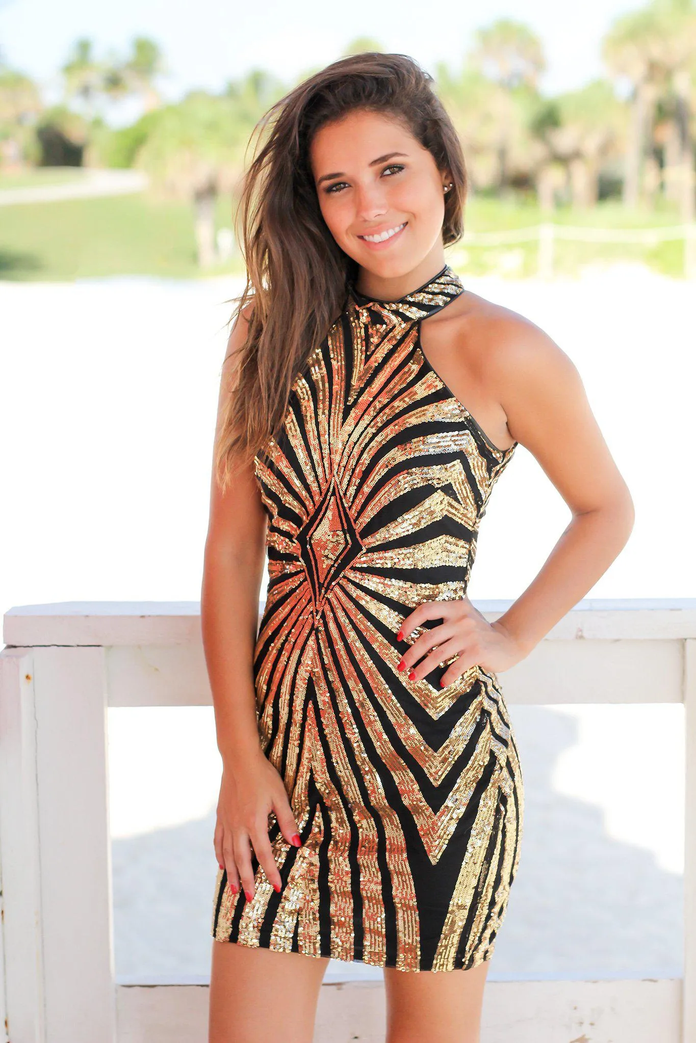 Black and Gold Sequin Short Dress