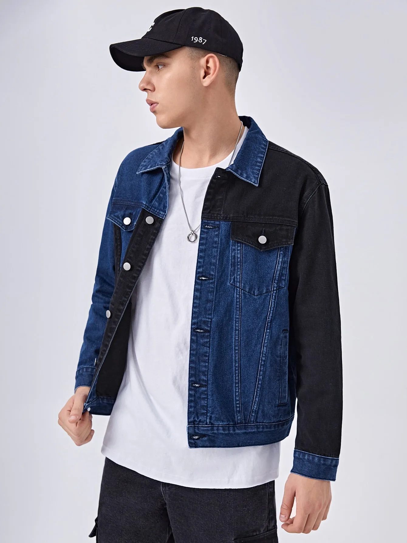 Blue Single Breasted Button Front Flap Pocket Two Tone Denim Jacket