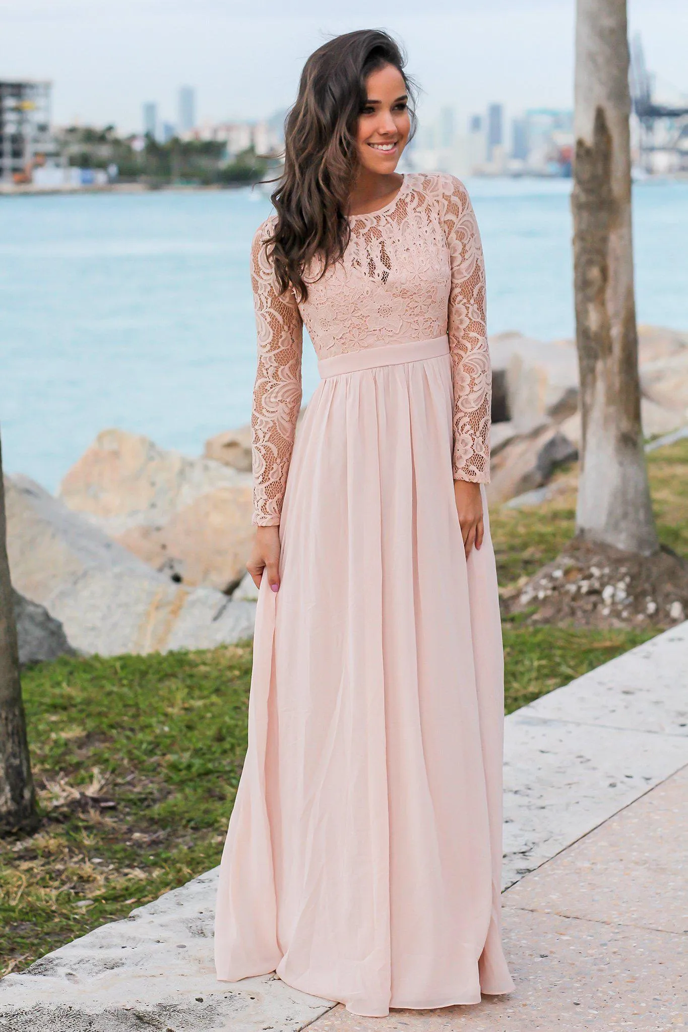 Blush Long Sleeve Maxi Dress with Crochet Top