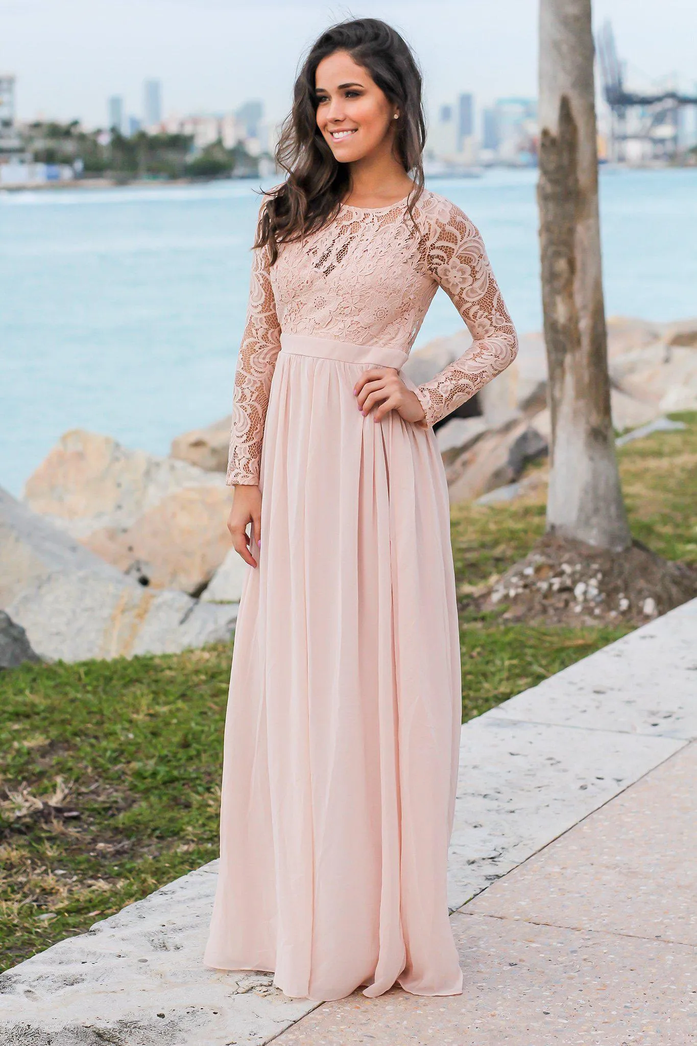 Blush Long Sleeve Maxi Dress with Crochet Top