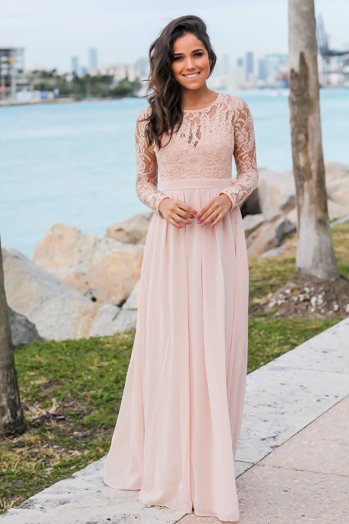 Blush Long Sleeve Maxi Dress with Crochet Top