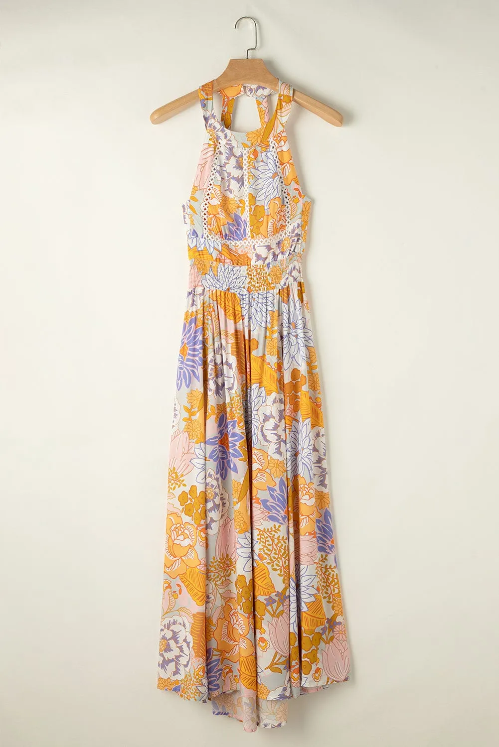 Bohemian Orange Floral Maxi Dress with Backless Detail