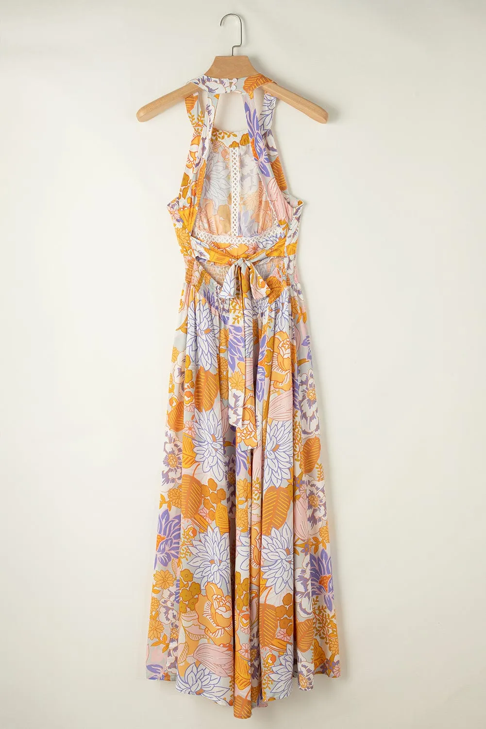 Bohemian Orange Floral Maxi Dress with Backless Detail