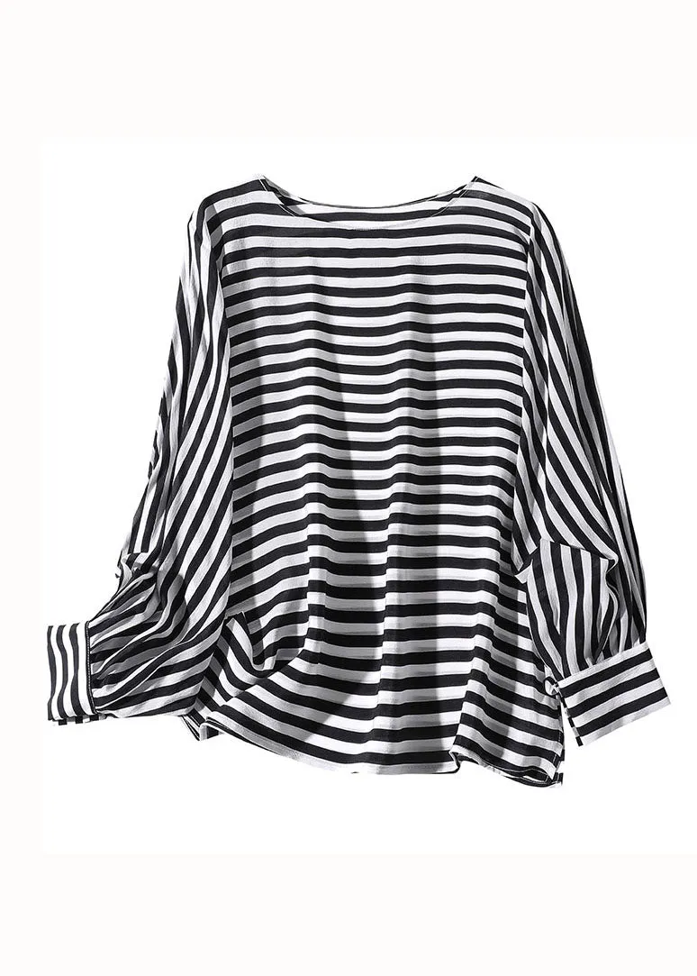 Boho Black O Neck Striped Patchwork Silk Shirt Tops Spring LY0141