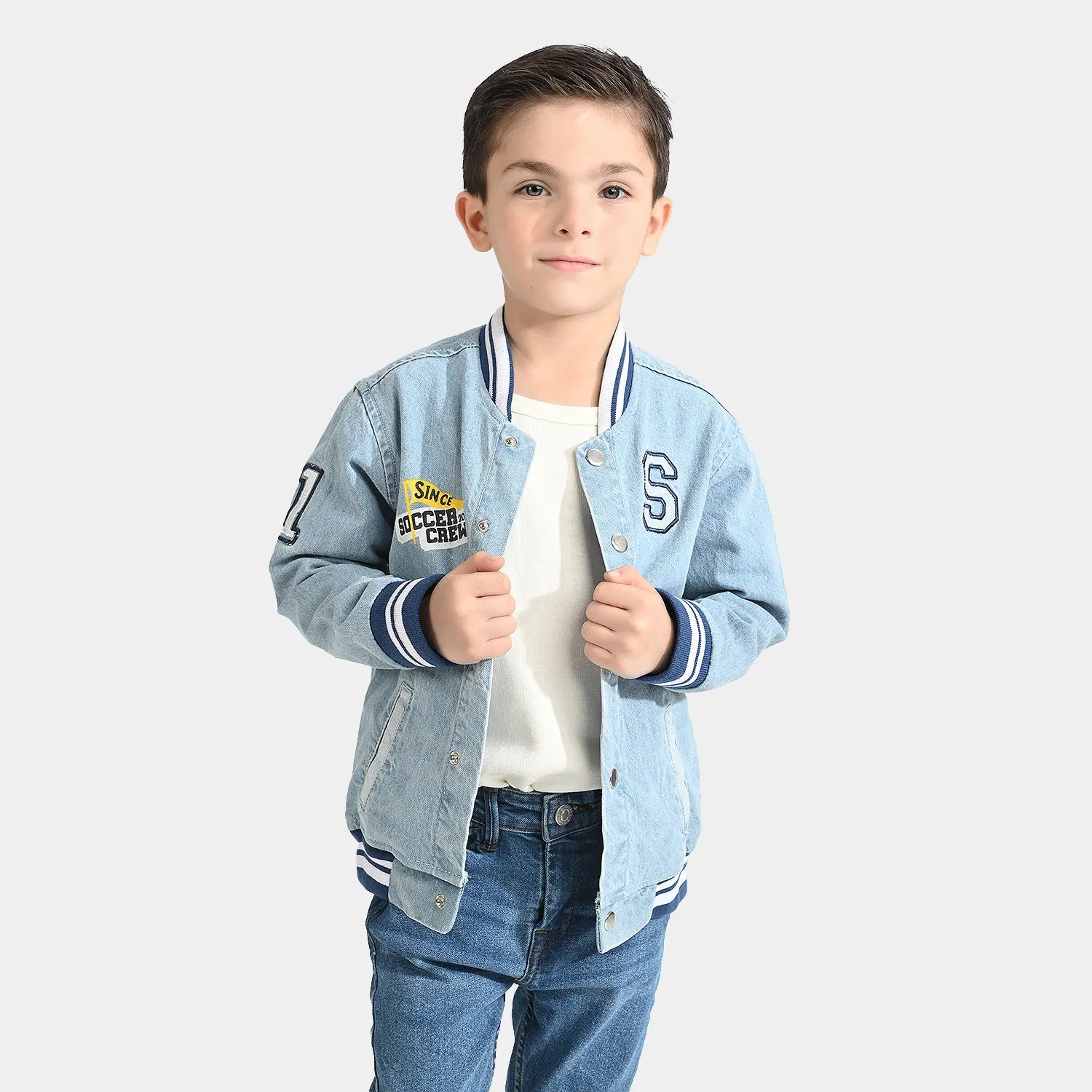 Boys Denim rigid Woven Jacket Soccer Crew-Ice Blue