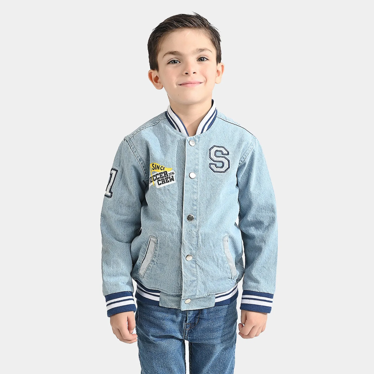 Boys Denim rigid Woven Jacket Soccer Crew-Ice Blue