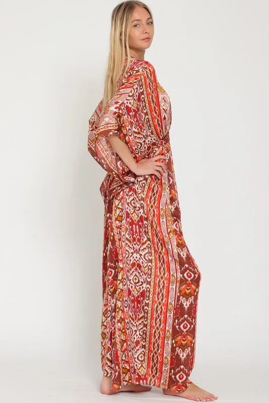 Brick/Camel/Coral Kimono Sleeve Tie Back Waisted Maxi Dress