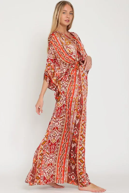 Brick/Camel/Coral Kimono Sleeve Tie Back Waisted Maxi Dress