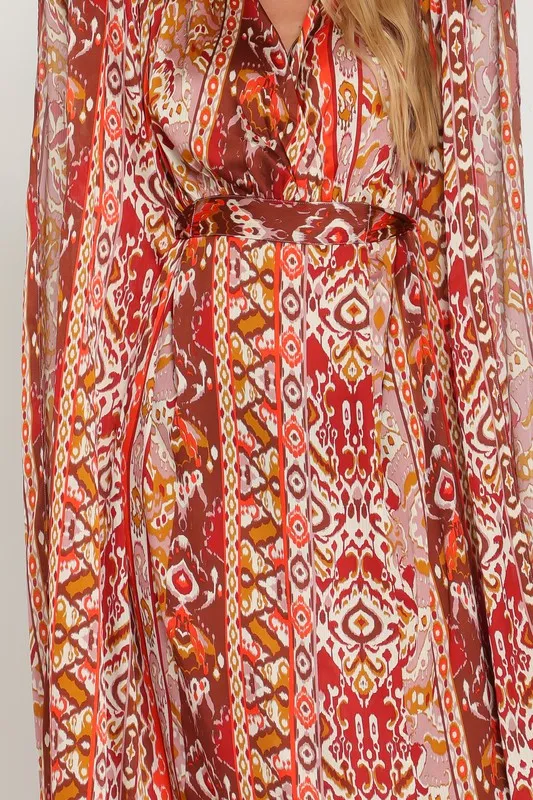 Brick/Camel/Coral Kimono Sleeve Tie Back Waisted Maxi Dress