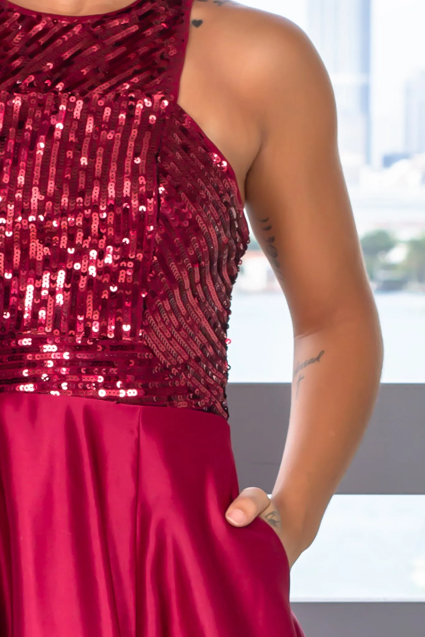 Burgundy Sequin Top Maxi Dress with Pockets