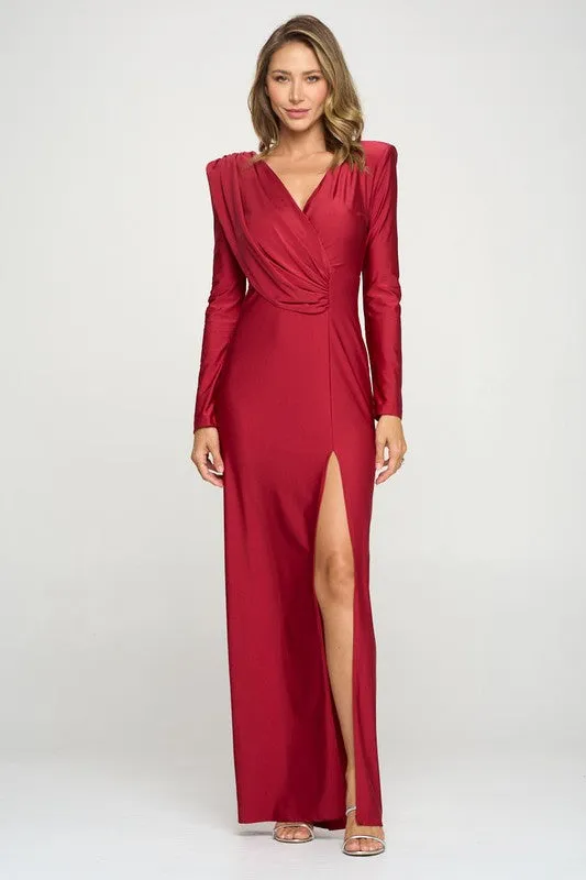 Burgundy Solid Color Maxi Dress With Long Sleeves