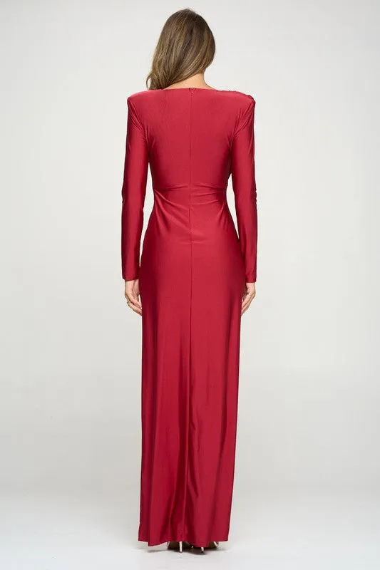 Burgundy Solid Color Maxi Dress With Long Sleeves