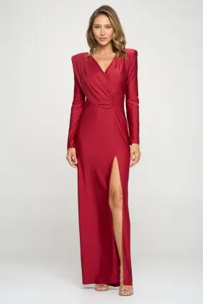 Burgundy Solid Color Maxi Dress With Long Sleeves