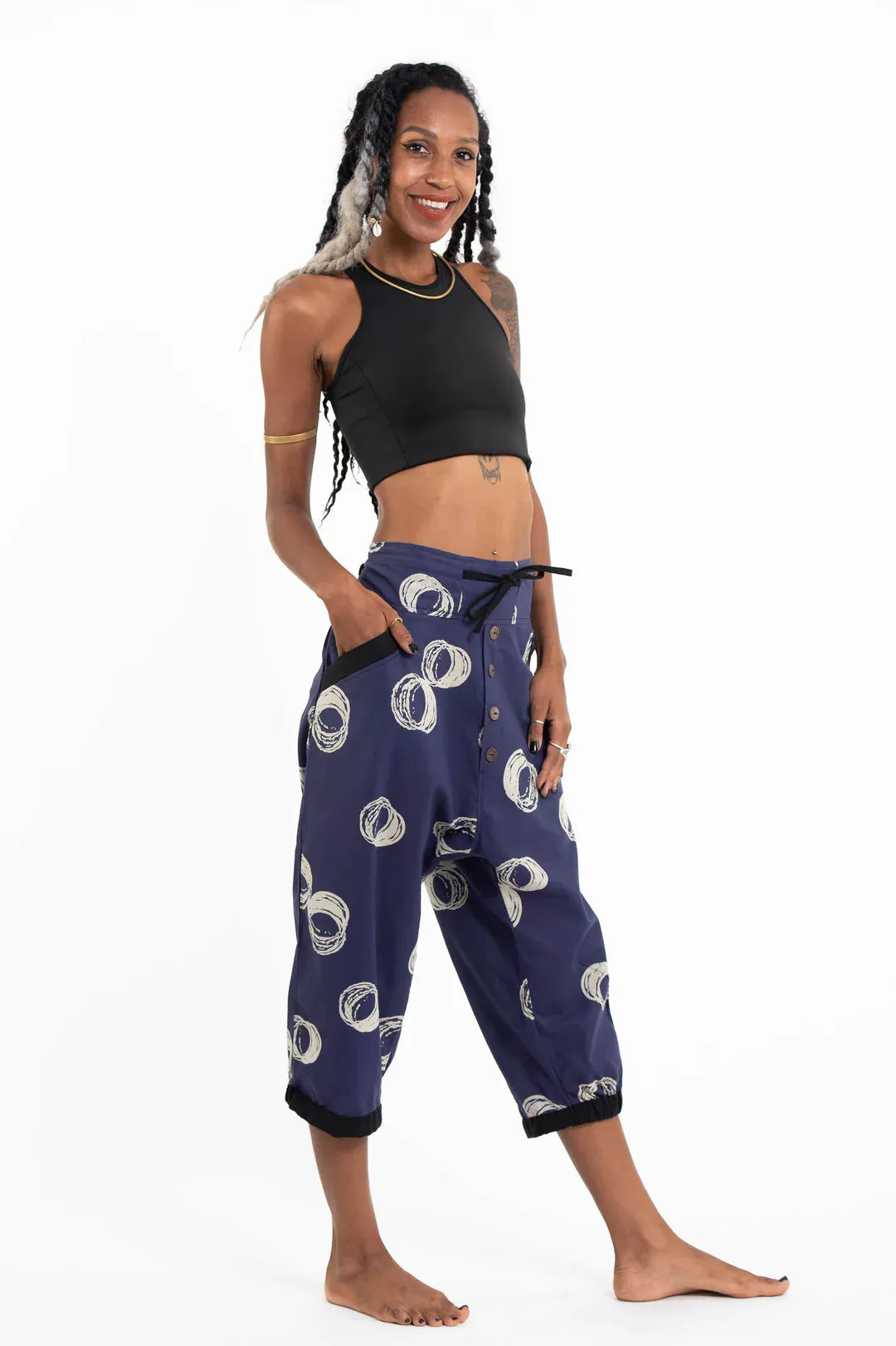 Circle Harem Pant with Faux Buttons in Navy, Thailand