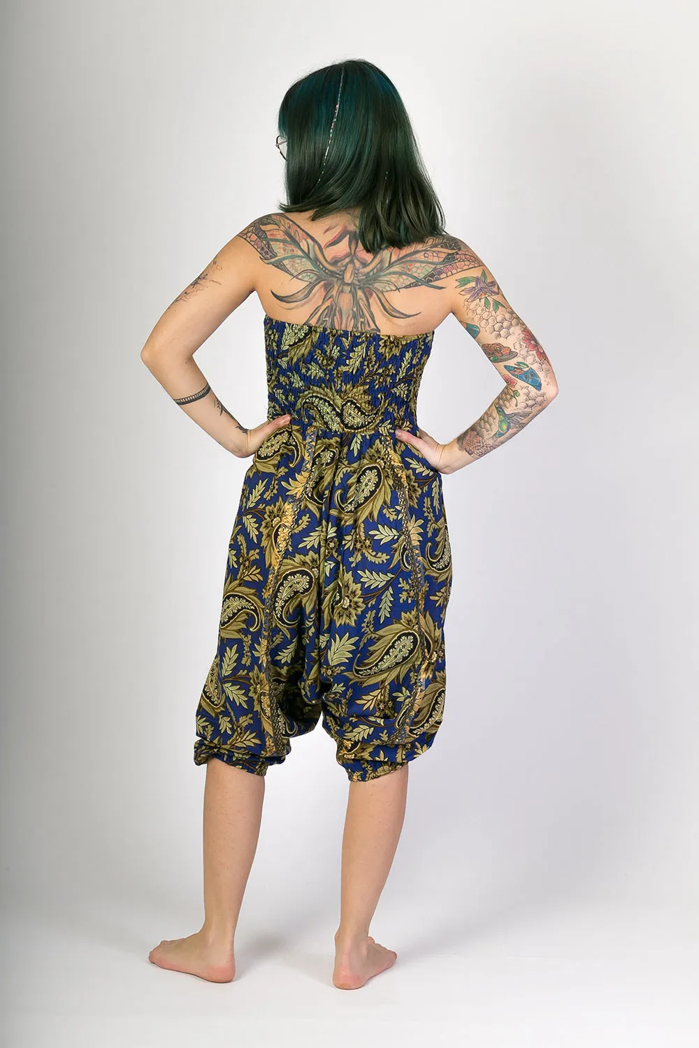 Dark Blue Floral Print Cotton Harem Yoga Jumpsuit Pants