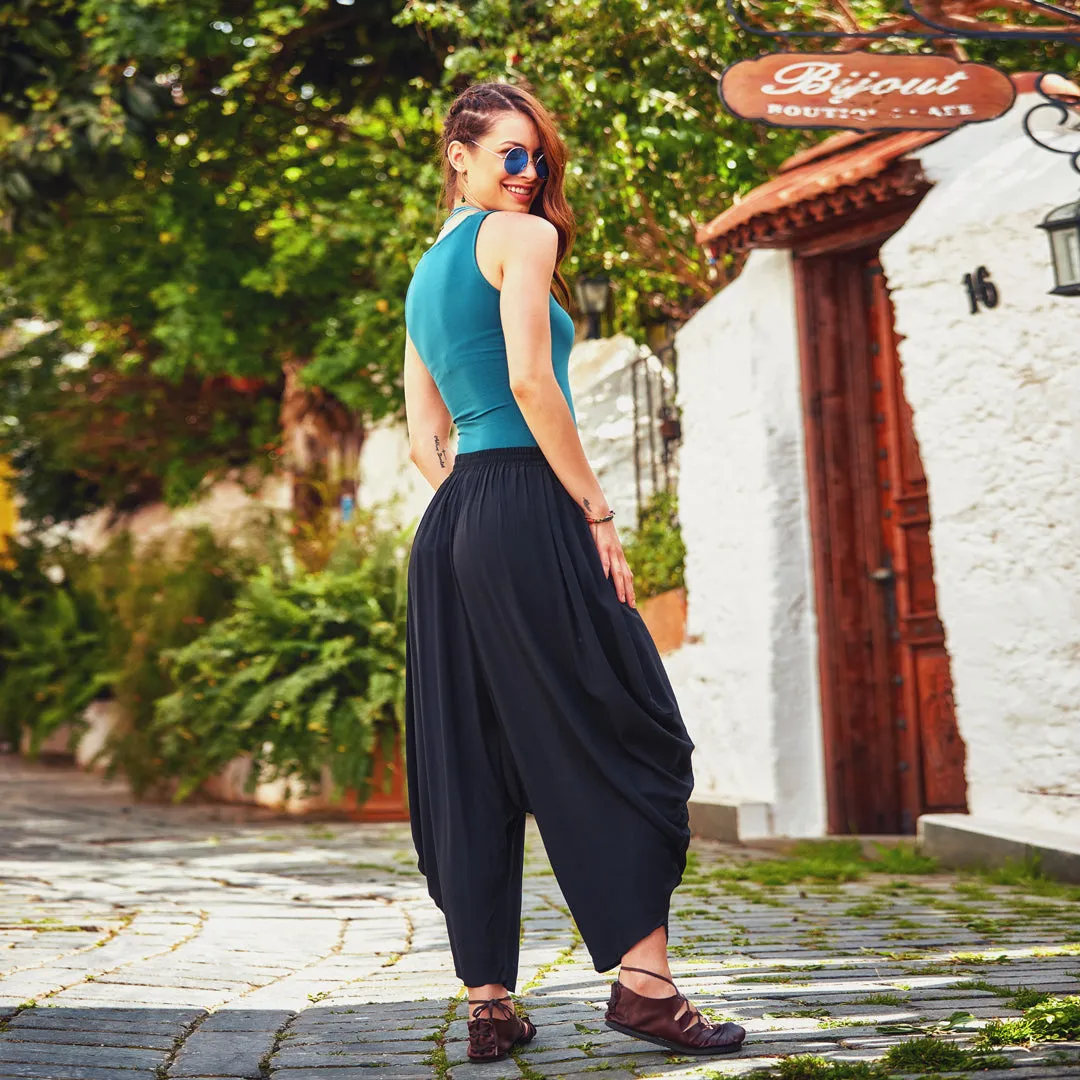 Draped Elastic Waist Flowy Casual Black Baggy Pants