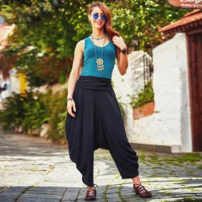 Draped Elastic Waist Flowy Casual Black Baggy Pants