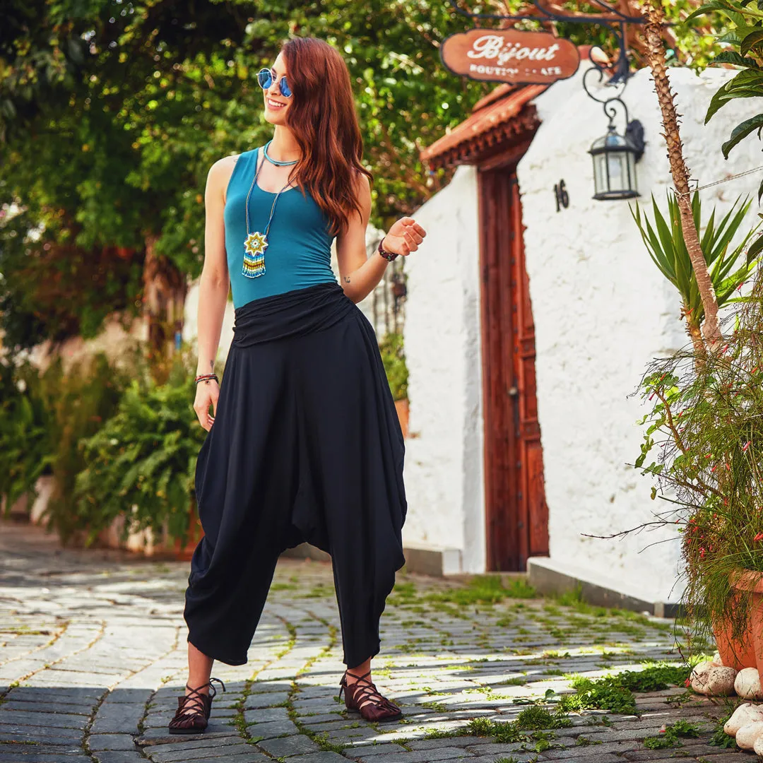 Draped Elastic Waist Flowy Casual Black Baggy Pants