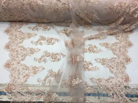 Elegant blush Peach hand beaded flower design embroider on a mesh lace-prom-nightgown-bridal-wedding-sold by the yard.