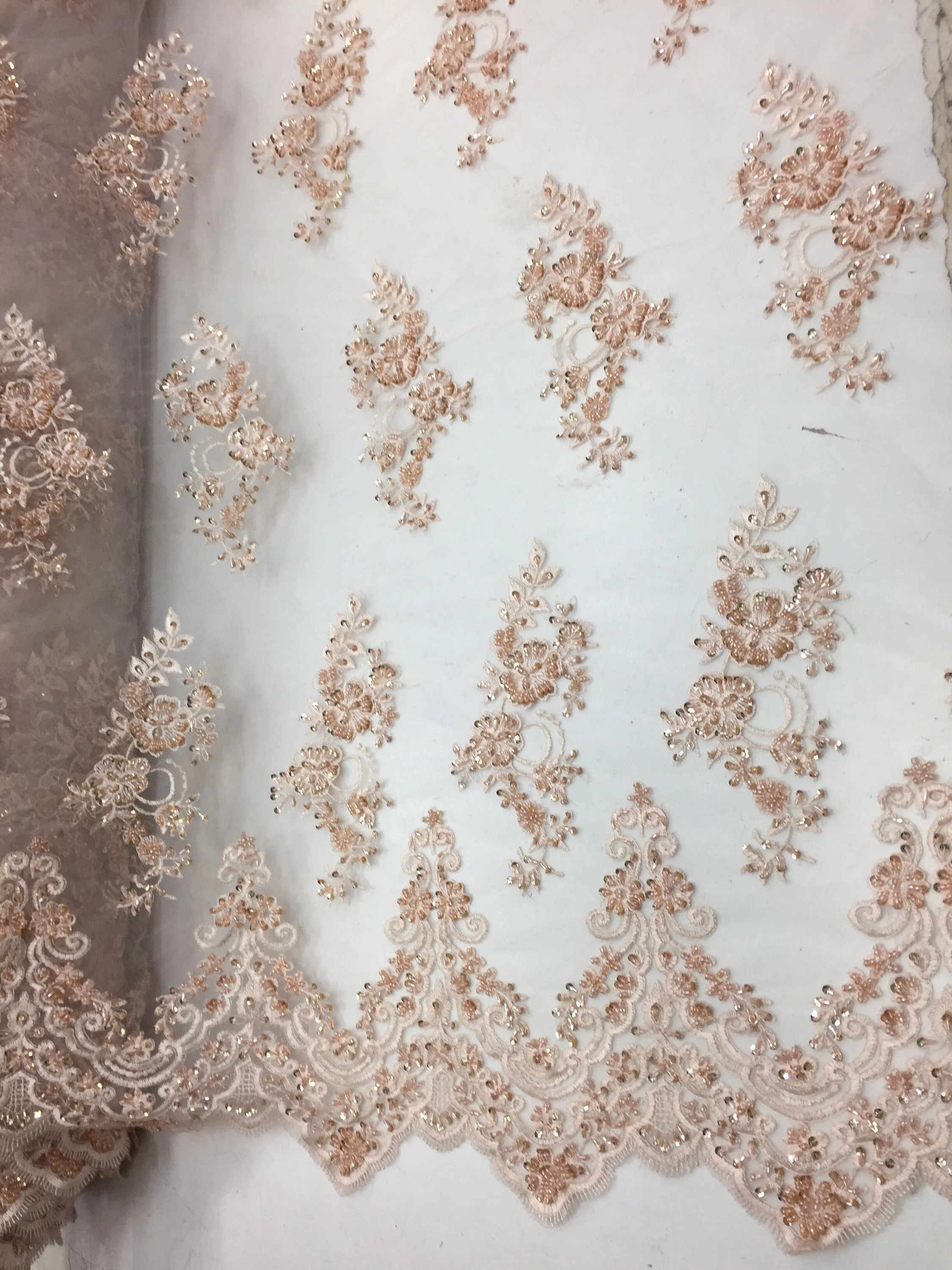 Elegant blush Peach hand beaded flower design embroider on a mesh lace-prom-nightgown-bridal-wedding-sold by the yard.