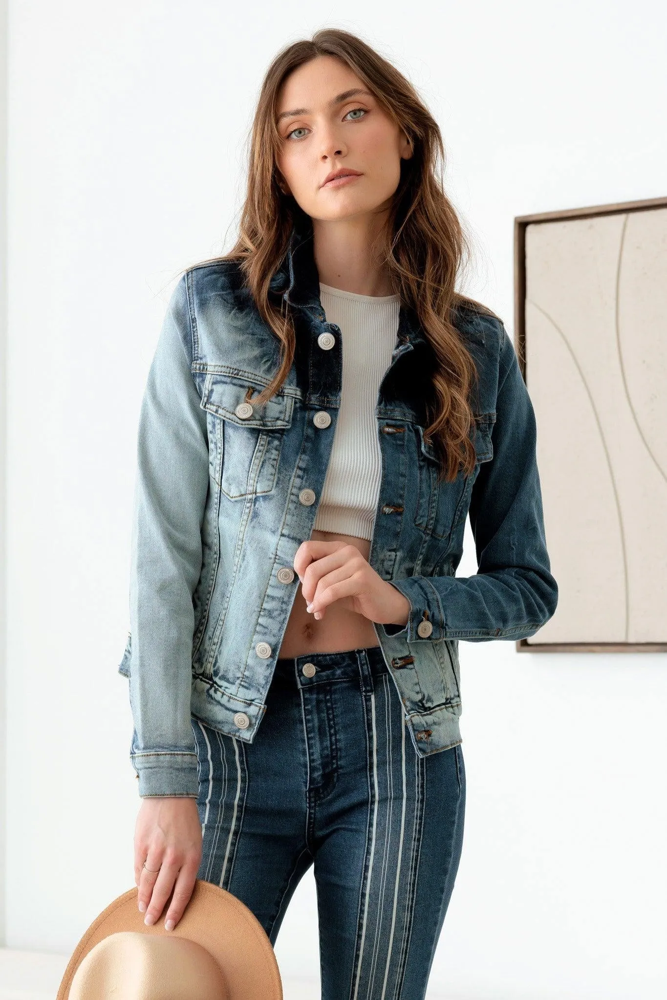 Faded Blue Front Pockets Silver Buttons Denim Jacket