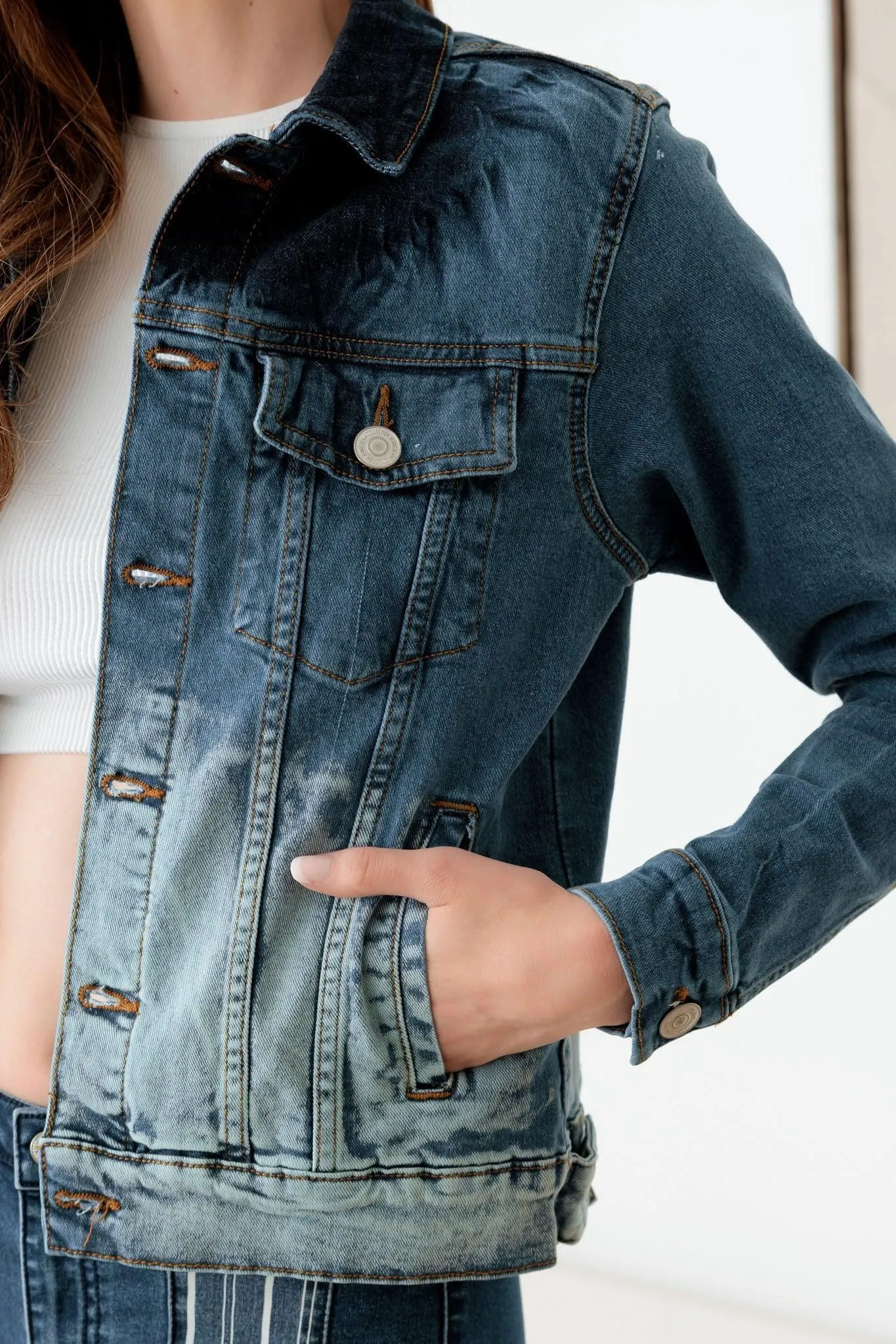 Faded Blue Front Pockets Silver Buttons Denim Jacket