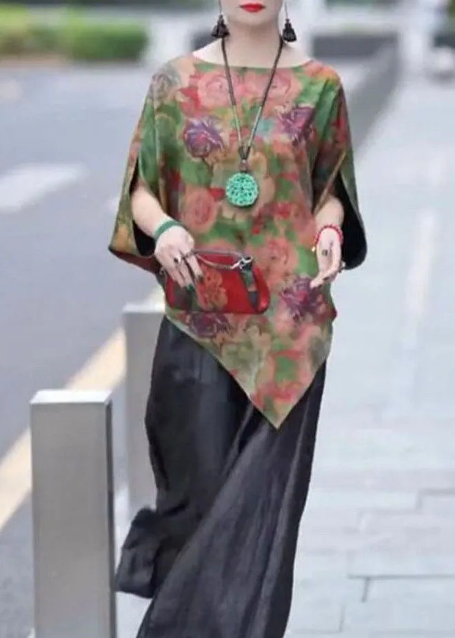 Fashion Green Asymmetrical Print Silk Shirt Tops Bracelet Sleeve LY4688