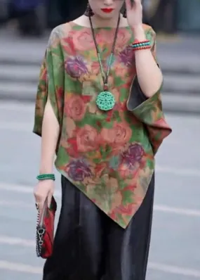 Fashion Green Asymmetrical Print Silk Shirt Tops Bracelet Sleeve LY4688