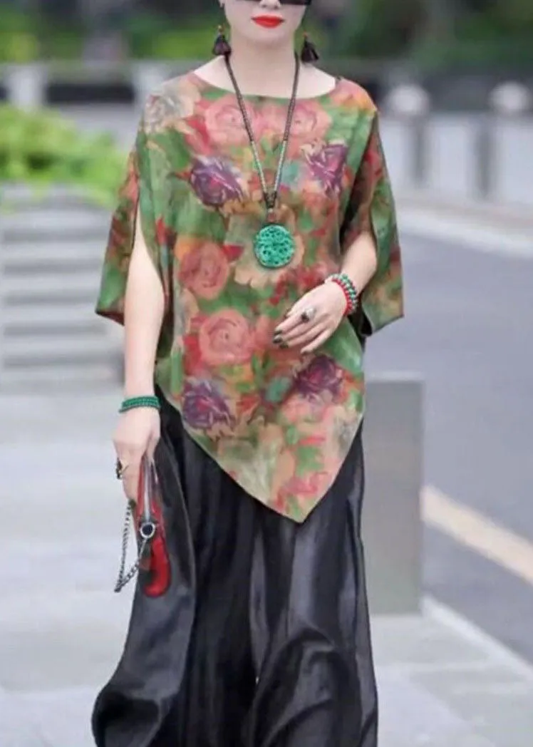 Fashion Green Asymmetrical Print Silk Shirt Tops Bracelet Sleeve LY4688