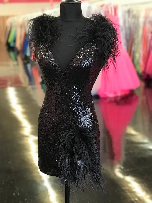 Feather Sequin Short V-Neck Dress by Jovani 23059