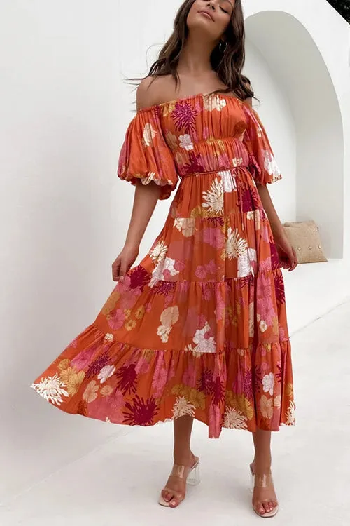 Floral Off Shoulder Shirring Maxi Dress